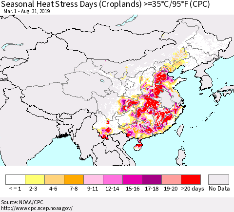China, Mongolia and Taiwan Seasonal Heat Stress Days (Croplands) >=35°C/95°F (CPC) Thematic Map For 3/1/2019 - 8/31/2019