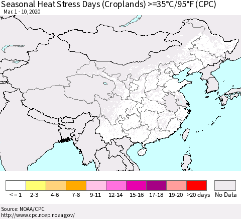 China, Mongolia and Taiwan Seasonal Heat Stress Days (Croplands) >=35°C/95°F (CPC) Thematic Map For 3/1/2020 - 3/10/2020