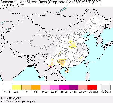 China, Mongolia and Taiwan Seasonal Heat Stress Days (Croplands) >=35°C/95°F (CPC) Thematic Map For 3/1/2020 - 5/10/2020