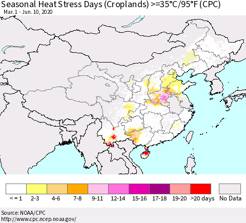China, Mongolia and Taiwan Seasonal Heat Stress Days (Croplands) >=35°C/95°F (CPC) Thematic Map For 3/1/2020 - 6/10/2020