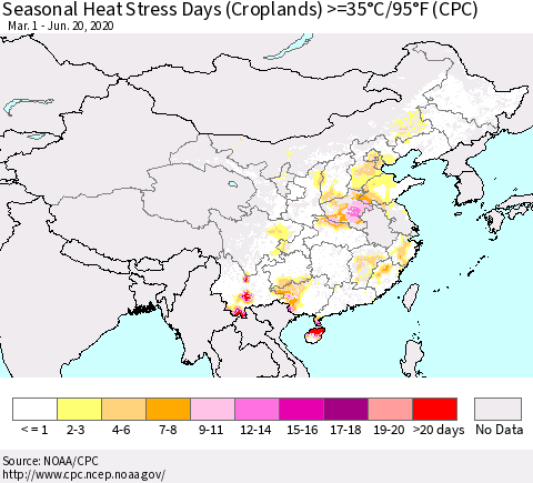 China, Mongolia and Taiwan Seasonal Heat Stress Days (Croplands) >=35°C/95°F (CPC) Thematic Map For 3/1/2020 - 6/20/2020