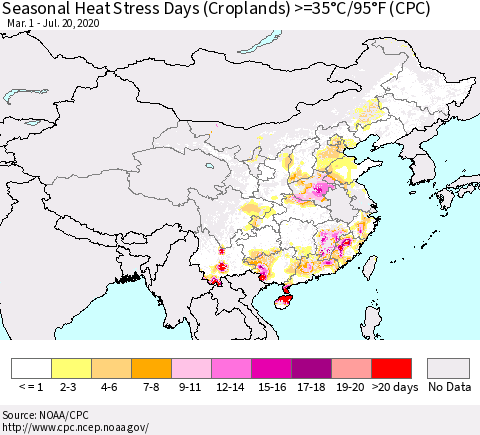 China, Mongolia and Taiwan Seasonal Heat Stress Days (Croplands) >=35°C/95°F (CPC) Thematic Map For 3/1/2020 - 7/20/2020