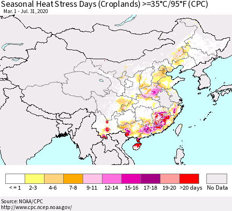 China, Mongolia and Taiwan Seasonal Heat Stress Days (Croplands) >=35°C/95°F (CPC) Thematic Map For 3/1/2020 - 7/31/2020