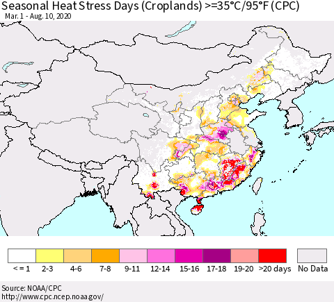 China, Mongolia and Taiwan Seasonal Heat Stress Days (Croplands) >=35°C/95°F (CPC) Thematic Map For 3/1/2020 - 8/10/2020