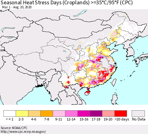 China, Mongolia and Taiwan Seasonal Heat Stress Days (Croplands) >=35°C/95°F (CPC) Thematic Map For 3/1/2020 - 8/20/2020