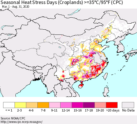 China, Mongolia and Taiwan Seasonal Heat Stress Days (Croplands) >=35°C/95°F (CPC) Thematic Map For 3/1/2020 - 8/31/2020