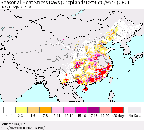 China, Mongolia and Taiwan Seasonal Heat Stress Days (Croplands) >=35°C/95°F (CPC) Thematic Map For 3/1/2020 - 9/10/2020