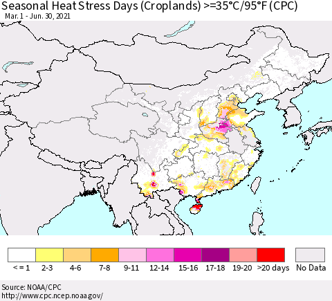 China, Mongolia and Taiwan Seasonal Heat Stress Days (Croplands) >=35°C/95°F (CPC) Thematic Map For 3/1/2021 - 6/30/2021