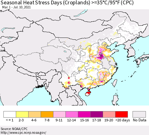 China, Mongolia and Taiwan Seasonal Heat Stress Days (Croplands) >=35°C/95°F (CPC) Thematic Map For 3/1/2021 - 7/10/2021