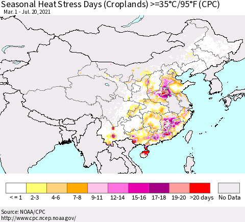 China, Mongolia and Taiwan Seasonal Heat Stress Days (Croplands) >=35°C/95°F (CPC) Thematic Map For 3/1/2021 - 7/20/2021