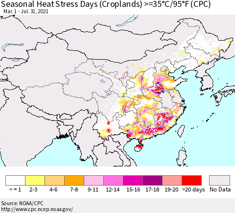 China, Mongolia and Taiwan Seasonal Heat Stress Days (Croplands) >=35°C/95°F (CPC) Thematic Map For 3/1/2021 - 7/31/2021