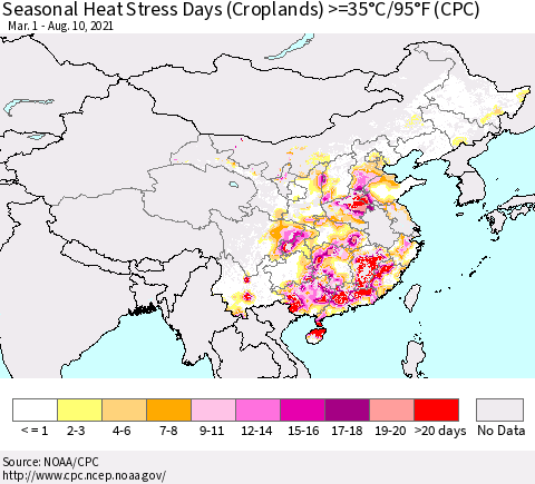 China, Mongolia and Taiwan Seasonal Heat Stress Days (Croplands) >=35°C/95°F (CPC) Thematic Map For 3/1/2021 - 8/10/2021