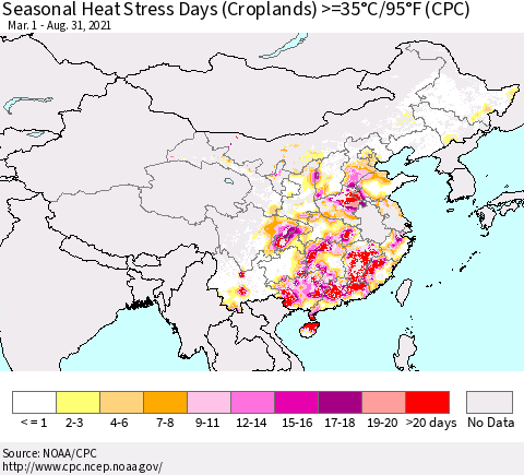 China, Mongolia and Taiwan Seasonal Heat Stress Days (Croplands) >=35°C/95°F (CPC) Thematic Map For 3/1/2021 - 8/31/2021