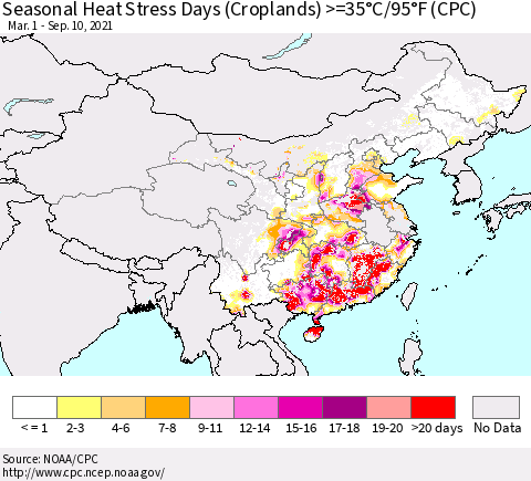 China, Mongolia and Taiwan Seasonal Heat Stress Days (Croplands) >=35°C/95°F (CPC) Thematic Map For 3/1/2021 - 9/10/2021