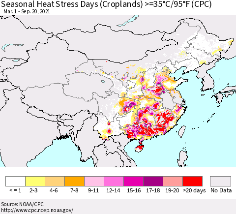 China, Mongolia and Taiwan Seasonal Heat Stress Days (Croplands) >=35°C/95°F (CPC) Thematic Map For 3/1/2021 - 9/20/2021