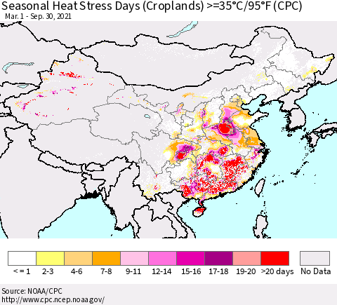 China, Mongolia and Taiwan Seasonal Heat Stress Days (Croplands) >=35°C/95°F (CPC) Thematic Map For 3/1/2021 - 9/30/2021