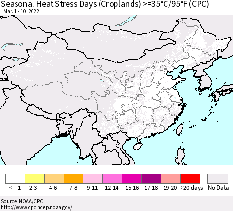 China, Mongolia and Taiwan Seasonal Heat Stress Days (Croplands) >=35°C/95°F (CPC) Thematic Map For 3/1/2022 - 3/10/2022