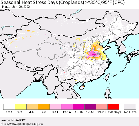 China, Mongolia and Taiwan Seasonal Heat Stress Days (Croplands) >=35°C/95°F (CPC) Thematic Map For 3/1/2022 - 6/20/2022