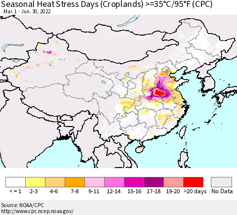 China, Mongolia and Taiwan Seasonal Heat Stress Days (Croplands) >=35°C/95°F (CPC) Thematic Map For 3/1/2022 - 6/30/2022
