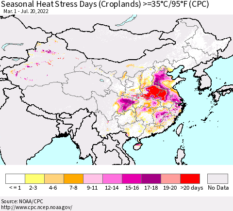 China, Mongolia and Taiwan Seasonal Heat Stress Days (Croplands) >=35°C/95°F (CPC) Thematic Map For 3/1/2022 - 7/20/2022