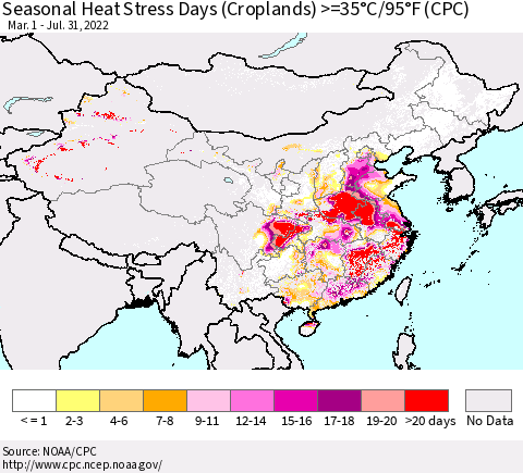 China, Mongolia and Taiwan Seasonal Heat Stress Days (Croplands) >=35°C/95°F (CPC) Thematic Map For 3/1/2022 - 7/31/2022
