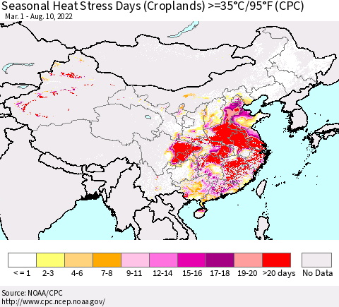 China, Mongolia and Taiwan Seasonal Heat Stress Days (Croplands) >=35°C/95°F (CPC) Thematic Map For 3/1/2022 - 8/10/2022