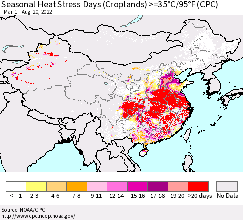 China, Mongolia and Taiwan Seasonal Heat Stress Days (Croplands) >=35°C/95°F (CPC) Thematic Map For 3/1/2022 - 8/20/2022