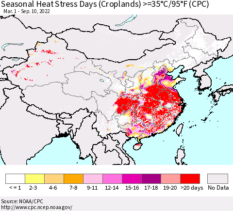 China, Mongolia and Taiwan Seasonal Heat Stress Days (Croplands) >=35°C/95°F (CPC) Thematic Map For 3/1/2022 - 9/10/2022