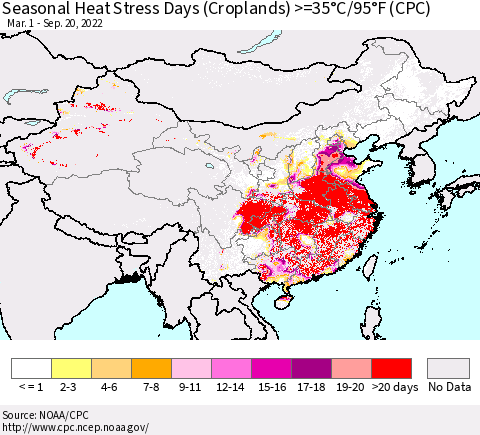 China, Mongolia and Taiwan Seasonal Heat Stress Days (Croplands) >=35°C/95°F (CPC) Thematic Map For 3/1/2022 - 9/20/2022