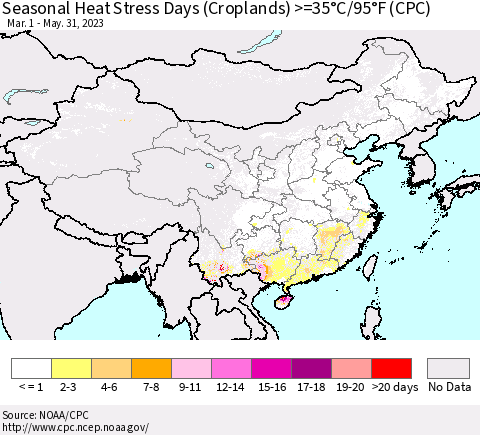 China, Mongolia and Taiwan Seasonal Heat Stress Days (Croplands) >=35°C/95°F (CPC) Thematic Map For 3/1/2023 - 5/31/2023