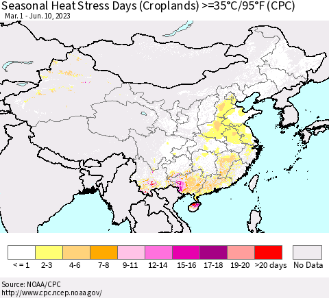 China, Mongolia and Taiwan Seasonal Heat Stress Days (Croplands) >=35°C/95°F (CPC) Thematic Map For 3/1/2023 - 6/10/2023