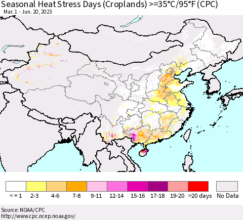 China, Mongolia and Taiwan Seasonal Heat Stress Days (Croplands) >=35°C/95°F (CPC) Thematic Map For 3/1/2023 - 6/20/2023