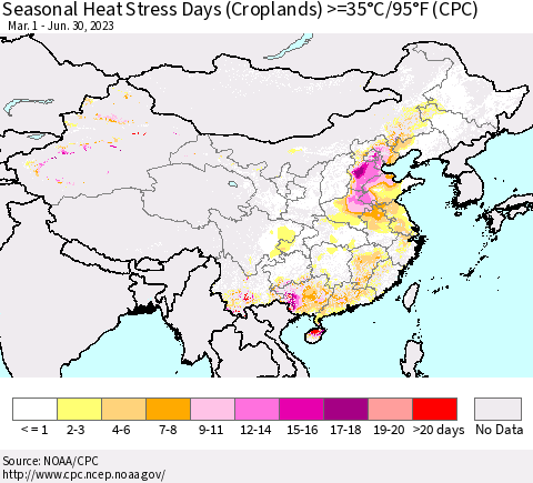 China, Mongolia and Taiwan Seasonal Heat Stress Days (Croplands) >=35°C/95°F (CPC) Thematic Map For 3/1/2023 - 6/30/2023