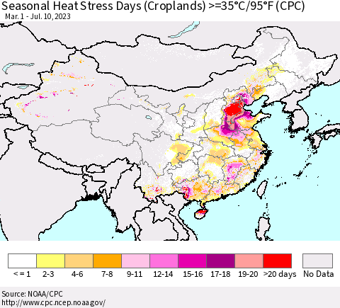 China, Mongolia and Taiwan Seasonal Heat Stress Days (Croplands) >=35°C/95°F (CPC) Thematic Map For 3/1/2023 - 7/10/2023