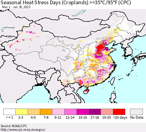 China, Mongolia and Taiwan Seasonal Heat Stress Days (Croplands) >=35°C/95°F (CPC) Thematic Map For 3/1/2023 - 7/20/2023