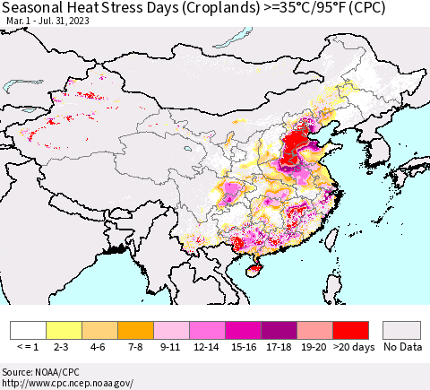 China, Mongolia and Taiwan Seasonal Heat Stress Days (Croplands) >=35°C/95°F (CPC) Thematic Map For 3/1/2023 - 7/31/2023