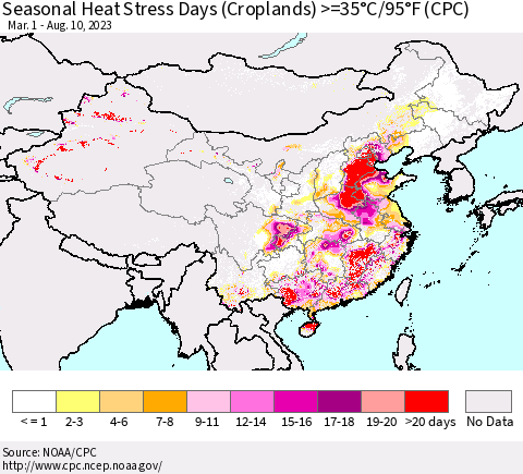China, Mongolia and Taiwan Seasonal Heat Stress Days (Croplands) >=35°C/95°F (CPC) Thematic Map For 3/1/2023 - 8/10/2023