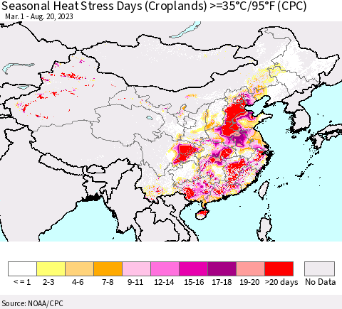 China, Mongolia and Taiwan Seasonal Heat Stress Days (Croplands) >=35°C/95°F (CPC) Thematic Map For 3/1/2023 - 8/20/2023
