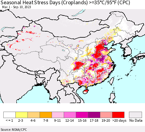 China, Mongolia and Taiwan Seasonal Heat Stress Days (Croplands) >=35°C/95°F (CPC) Thematic Map For 3/1/2023 - 9/10/2023