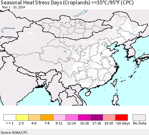China, Mongolia and Taiwan Seasonal Heat Stress Days (Croplands) >=35°C/95°F (CPC) Thematic Map For 3/1/2024 - 3/10/2024