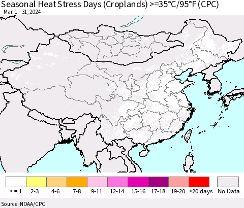 China, Mongolia and Taiwan Seasonal Heat Stress Days (Croplands) >=35°C/95°F (CPC) Thematic Map For 3/1/2024 - 3/31/2024
