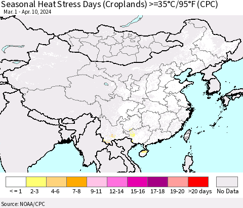 China, Mongolia and Taiwan Seasonal Heat Stress Days (Croplands) >=35°C/95°F (CPC) Thematic Map For 3/1/2024 - 4/10/2024