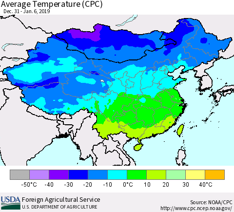 China and Taiwan Average Temperature (CPC) Thematic Map For 12/31/2018 - 1/6/2019