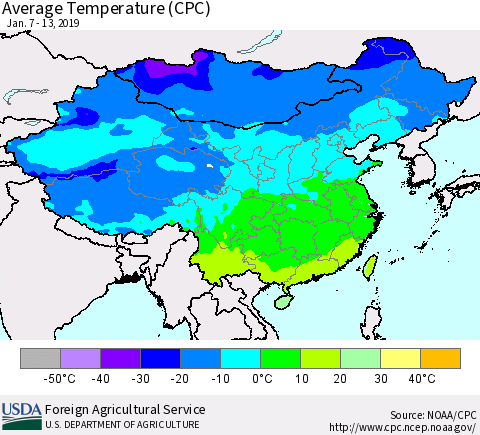 China, Mongolia and Taiwan Average Temperature (CPC) Thematic Map For 1/7/2019 - 1/13/2019
