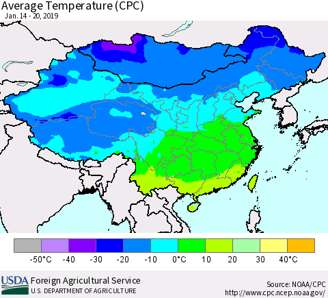 China and Taiwan Average Temperature (CPC) Thematic Map For 1/14/2019 - 1/20/2019