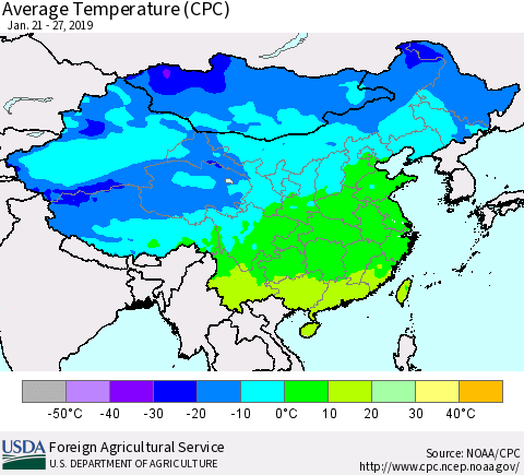 China, Mongolia and Taiwan Average Temperature (CPC) Thematic Map For 1/21/2019 - 1/27/2019