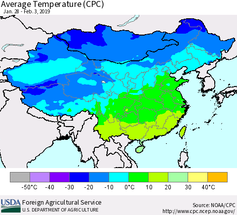 China, Mongolia and Taiwan Average Temperature (CPC) Thematic Map For 1/28/2019 - 2/3/2019