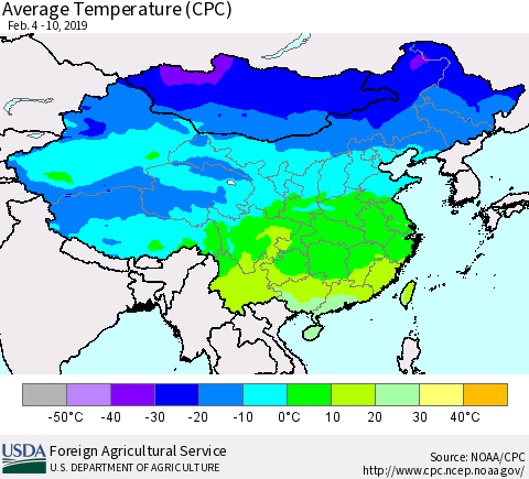 China and Taiwan Average Temperature (CPC) Thematic Map For 2/4/2019 - 2/10/2019