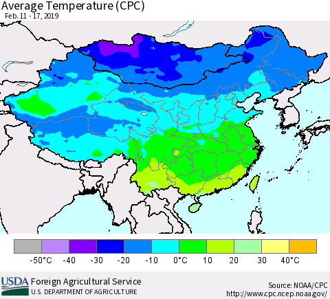 China and Taiwan Average Temperature (CPC) Thematic Map For 2/11/2019 - 2/17/2019