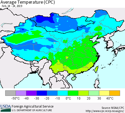 China and Taiwan Average Temperature (CPC) Thematic Map For 2/18/2019 - 2/24/2019